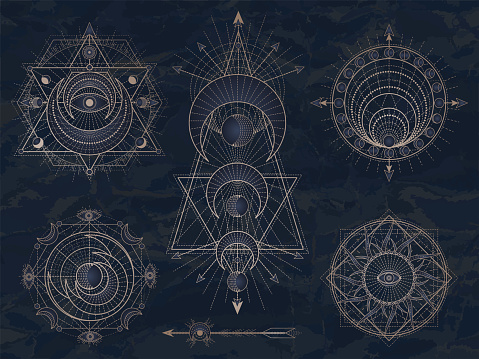 Vector set of Sacred symbols with moon, eye, sun and geometric figures on dark vintage background. Abstract mystic signs collection drawn in lines. Image in blue color.