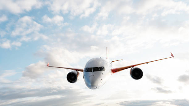 istock Commercial airplane flying on sunny blue sky. 1202469568