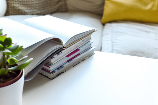 Magazine page mock up catalog opened on a wooden background. Copy space