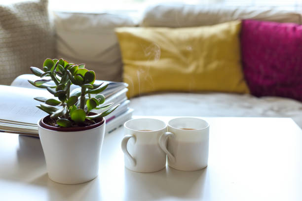 Relaxing sofa area with coffee table and hot drink in modern home interior