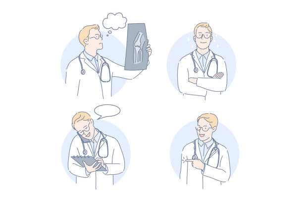 Doctor, therapist, medicine set concept Doctor, therapist, medicine set concept. Man doctor looks at results of examination talking on mobile phone. Young boy therapist makes offer. Intern is thinking of xray results. Simple flat vector x ray results stock illustrations