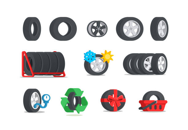 ilustraciones, imágenes clip art, dibujos animados e iconos de stock de conjunto de iconos de neumáticos de coche. - rubber