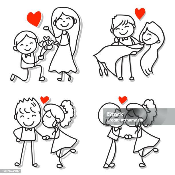 Hand Drawing Cartoon Character Couple In Love Wedding Party For Valentine  Day Celebration Stock Illustration - Download Image Now - iStock