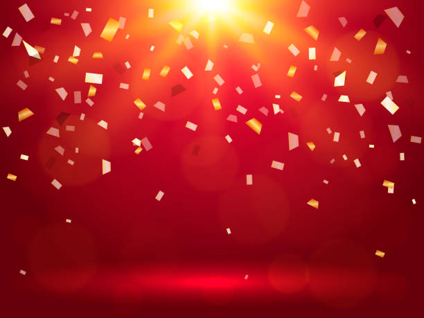 istock Falling confetti on a red background. Vector stock illustration for poster or banner 1202476468