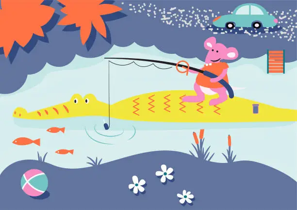 Vector illustration of Cartoon fishing child book illustration. Mouse and alligator on a river.