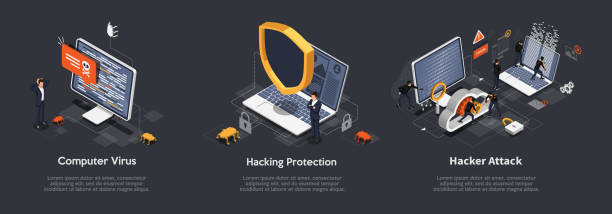 ilustraciones, imágenes clip art, dibujos animados e iconos de stock de conjunto de concepto de piratería isométrica. conjunto de ilustraciones de virus informáticos, protección contra la piratería, ataque de hackers. anti virus, spyware, malware. ilustración vectorial - threats security internet computer