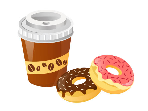 illustrazioni stock, clip art, cartoni animati e icone di tendenza di tazze da caffè e ciambelle con illustrazione vettoriale a velo - coffee donut old fashioned snack