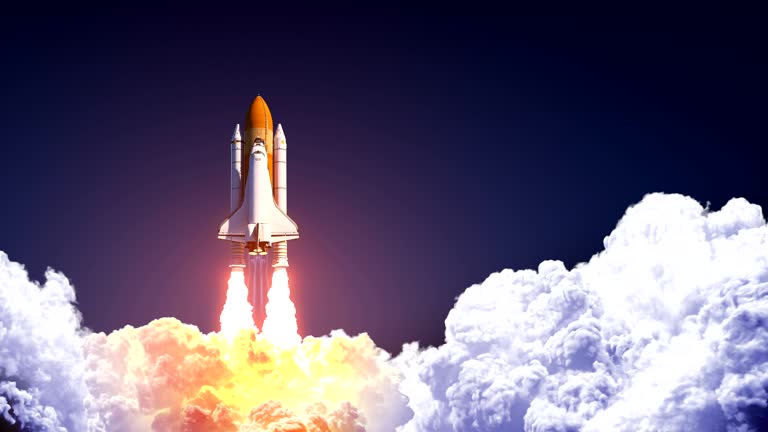 Space Shuttle Launch On Blue Sky. Slow Motion. 4K.