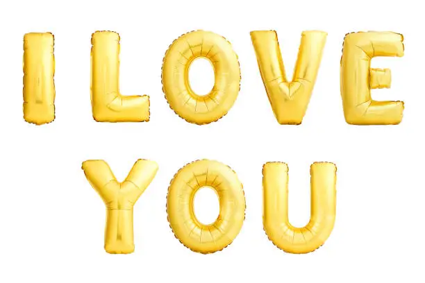 Golden I love you sign. Inflatable balloons isolated on white background