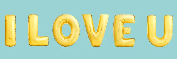 LOVE sign. Golden helium balloons on blue background