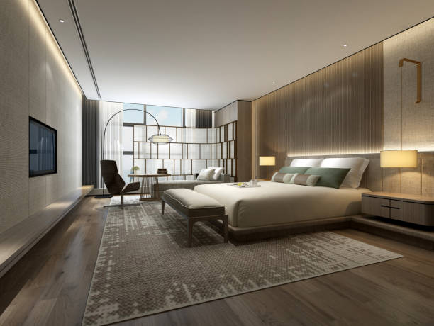 istock 3d render of luxury hotel room with double bed 1202485573