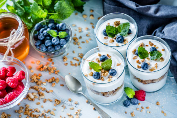 istock Greek yogurt with granola and blueberries 1202487334