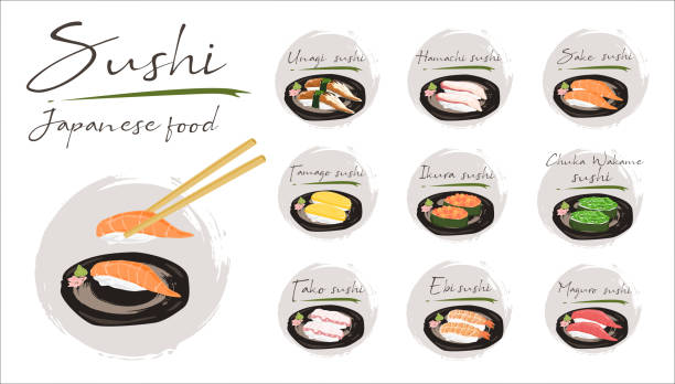 Japanese food set,Set of sushi on white background Japanese Sushi and East motives. Japanese food set,Set of sushi on white background, vector illustration and other traditional Japanese food icons. japanese food stock illustrations