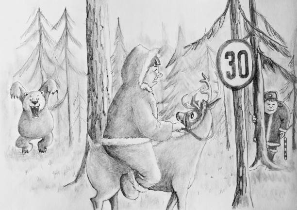 A hunter rides a deer. The policeman and the bear are working A hunter rides a deer. The policeman and the bear are working . Pencil drawing on paper wrongdoer stock illustrations