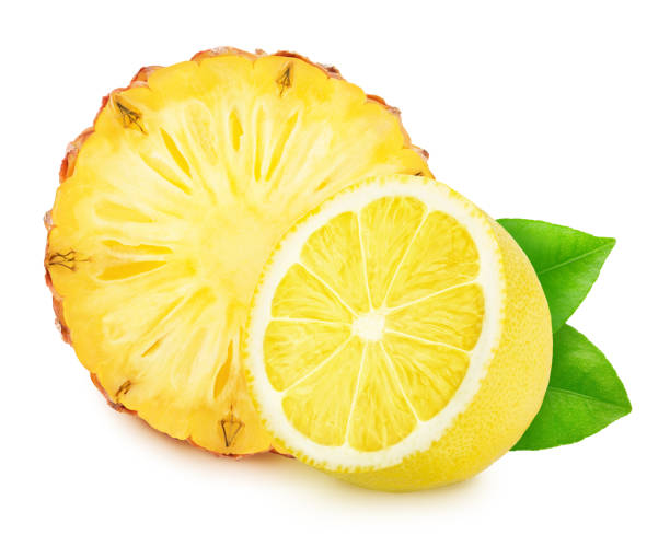 istock Composite image with cutted fruits: lemon and pineapple isolated on a white background. Healthy eating concept. 1202488604