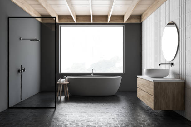 istock Stylish dark gray bathroom with shower 1202488722