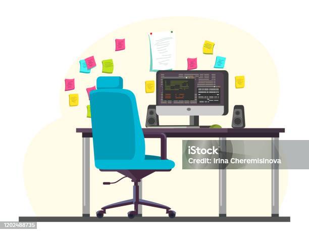 Programming Office Drawing Programmer Office Workplace With Computer On Desk Stock Illustration ...