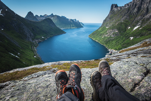 legs, mountain boots,  top mountain, fjord, Senia, hiking, Barden, Nordic Countries, Nordland County, Northern Europe, Norway