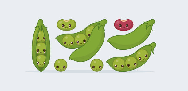 illustrations, cliparts, dessins animés et icônes de mettre les pois, harit. nourriture souriante de kawaii mignon - pea pod