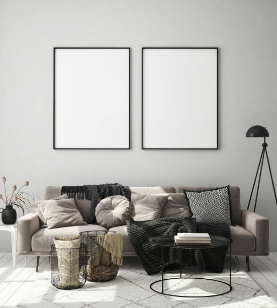 istock mock up poster frame in modern interior background, scandinavian style, 3D render 1202489535