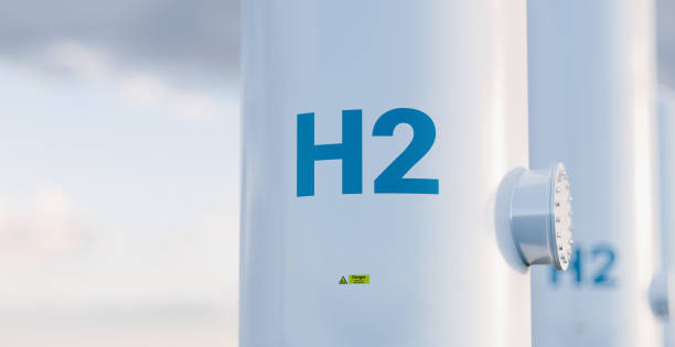 güzel sabah ışığında hidrojen depolama tankı kavramı. 3d render. - hidrojen stok fotoğraflar ve resimler