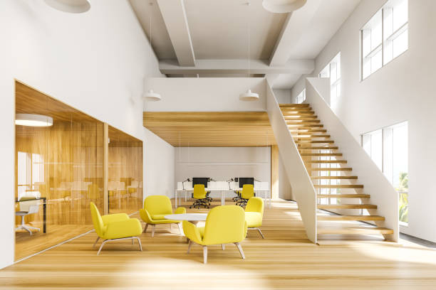 istock Bright yellow waiting room in open space office 1202490429