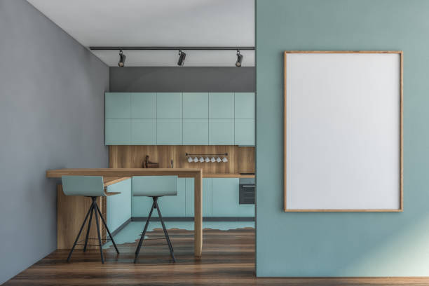 istock Blue and gray kitchen with bar and poster 1202490460