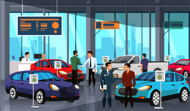 Sellers and potential buyers group in car showroom Sellers potential buyers group in luxury car showroom. Dealership center presenting new automobiles. Dealer manager with client discussing vehicle. Customers in distribution shop. Vector illustration car sales stock illustrations