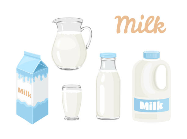молоко в бутылке, кувшин, стекло, коробка и галлон молока изолированы на белом фоне. векторная иллюстрация молочного продукта в разных упак� - milk box packaging carton stock illustrations