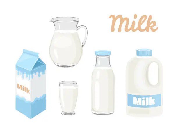 Vector illustration of Milk in bottle, jug, glass, carton box and gallon of milk Isolated on white background. Vector illustration of dairy product in different packages in cartoon flat style.