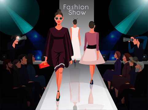 Models showing new clothes trendy outfit. Beautiful women walking on catwalk. Fashion trends review show. Audience, celebrities, paparazzi media guests. Podium under spotlights. Vector illustration
