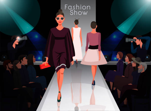 Models on catwalk on fashion trends review show Models showing new clothes trendy outfit. Beautiful women walking on catwalk. Fashion trends review show. Audience, celebrities, paparazzi media guests. Podium under spotlights. Vector illustration catwalk stage stock illustrations