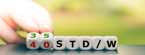 istock Symbol for a 35 hours work week. Hand turns dice and changes the German expression 