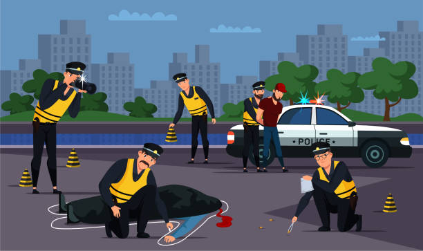 ilustrações de stock, clip art, desenhos animados e ícones de criminal detention and road murder investigation - killing