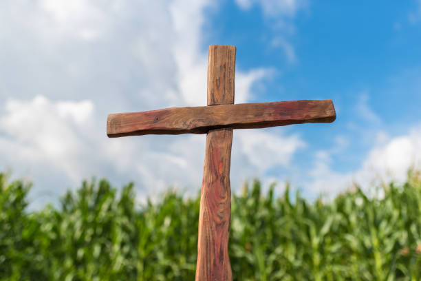 istock Wooden cross in the field 1202492639