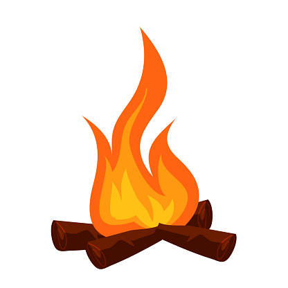 Night burning bonfire with wood isolate on white. Fire or campfire icon. Fireplace for warming, cooking in forest camp. Touristic symbol. Hiking and trekking adventure design. Vector illustration