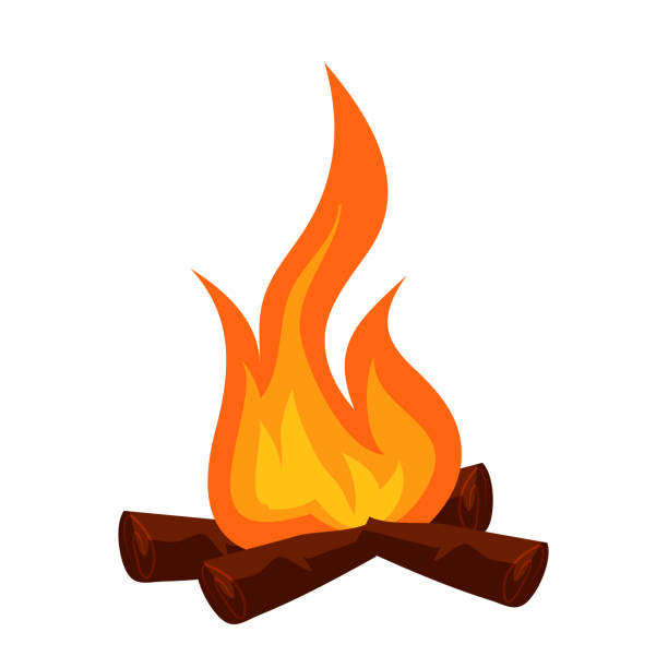 Night burning bonfire with wood isolate on white Night burning bonfire with wood isolate on white. Fire or campfire icon. Fireplace for warming, cooking in forest camp. Touristic symbol. Hiking and trekking adventure design. Vector illustration warming up stock illustrations