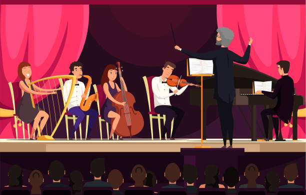 Orchestra performance on stage vector illustration Orchestra performance on stage vector illustration. Concert in hall, cultural event concept. Musical band members and spectators cartoon characters. Classical music, symphony playing conservatory education building stock illustrations