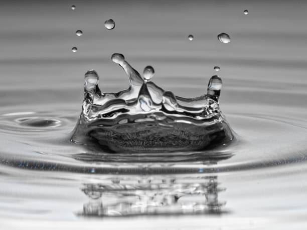 istock Water splash crown, clear fresh water dripping into a pond 1202493575