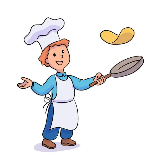 Vector illustration of Little boy cook tossing pancakes in frying pan