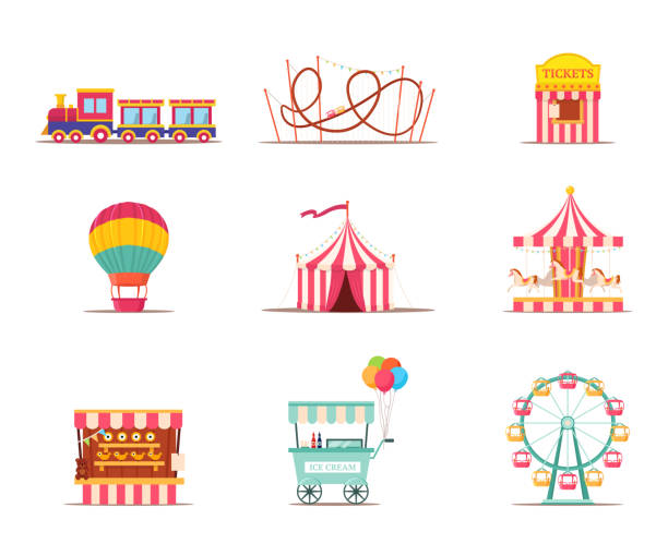 иллюстрации аттракционов парка аттракционов, расположенные изолированно на белом фоне - carnival park clip art wheel stock illustrations