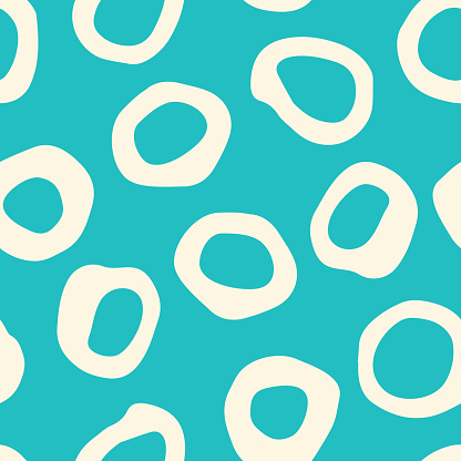 Retro Irregular Shaped Circles Vector Seamless Pattern. Modern Mid-Century Abstract Geometric Cream and Aqua Background. Whimsical Geometric Uneven Polka Dot. Minimalist Home Decor, Fashion Print