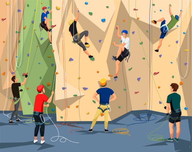 People in sportswear training on climbing wall People character in sportswear with rope training on climbing rock wall. Extreme sportsmen and sportswomen. Tough and healthy discipline. Adventure park. Vector cartoon flat illustration rope climbing stock illustrations