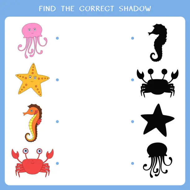 Vector illustration of Find the correct shadow for sea animals