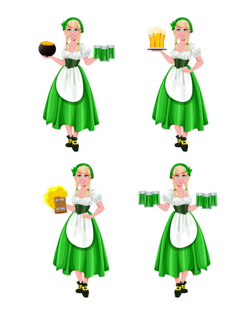 illustrations, cliparts, dessins animés et icônes de happy st patricks day, ensemble de quatre poses - beautiful glass gold traditional culture