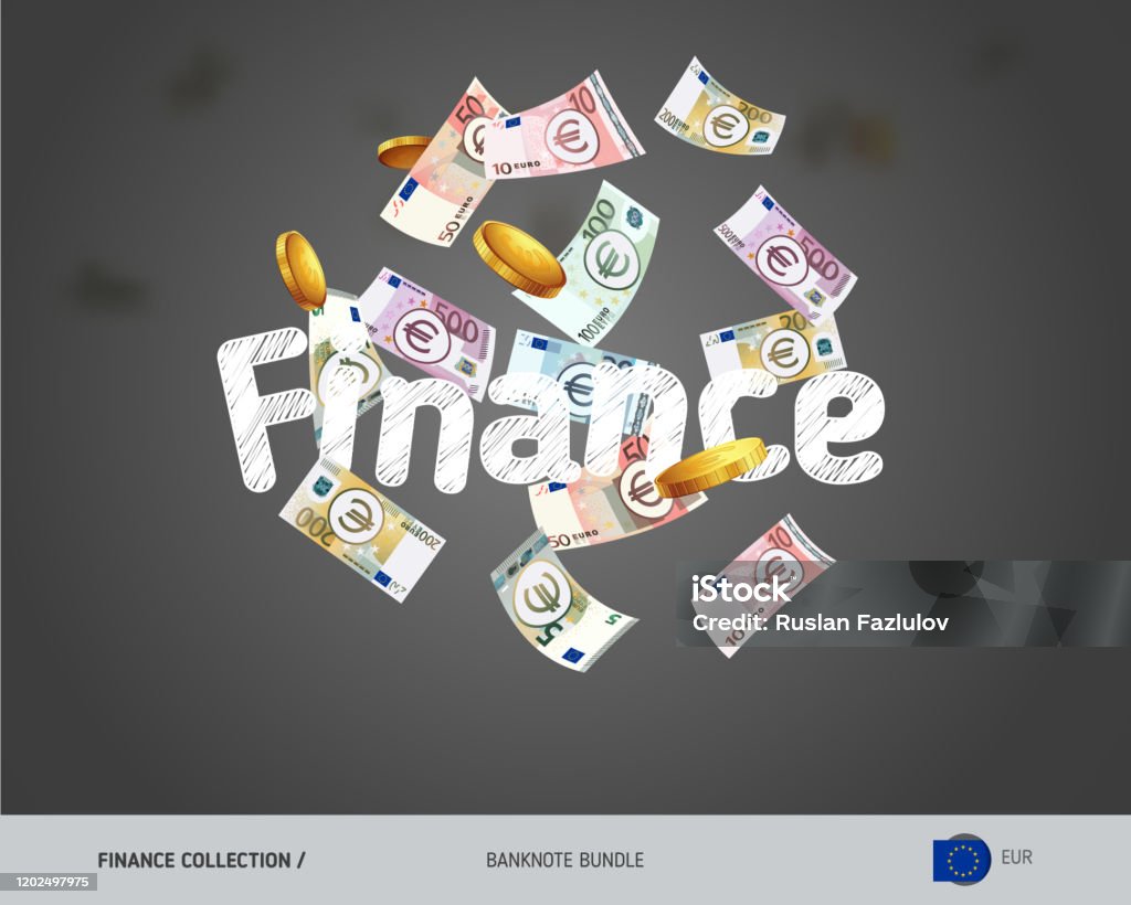 Flying Euro banknotes set and coins. Isolated on background. Cash of different nominal value. Vector illustration on the topic of finance. - Royalty-free Símbolo do Euro arte vetorial