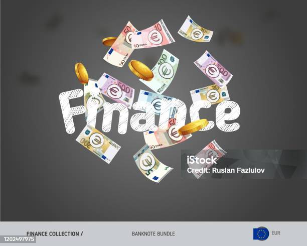 Flying Euro Banknotes Set And Coins Isolated On Background Cash Of Different Nominal Value Vector Illustration On The Topic Of Finance - Arte vetorial de stock e mais imagens de Símbolo do Euro