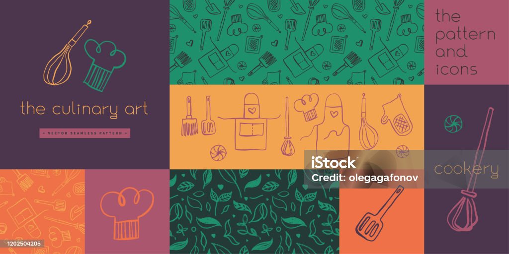 Kitchen utensils pattern. Bakery background drawing. Gastronomy background with hand-drawn ink illustrations for restaurant  design, food label design. Cooking classes banner and courses. Kitchen utensils pattern. Bakery background drawing. Vector templates for bakehouse packaging. Food stock vector
