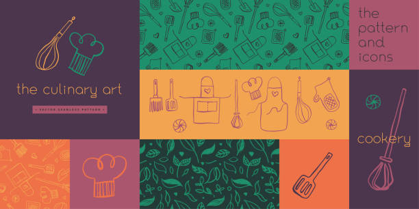 Kitchen utensils pattern. Bakery background drawing. Gastronomy background with hand-drawn ink illustrations for restaurant  design, food label design. Cooking classes banner and courses. Kitchen utensils pattern. Bakery background drawing. Vector templates for bakehouse packaging. chef designs stock illustrations