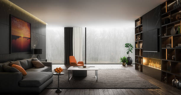 elegant living room - soft lighting imagens e fotografias de stock